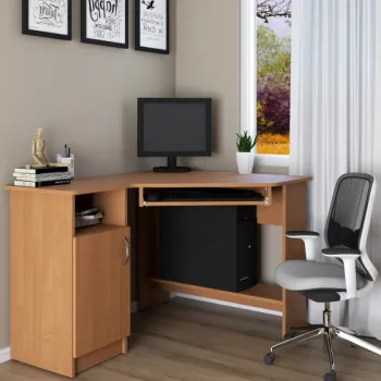 Birou de colt SU-13, cu suport glisant pentru tastatura, rafturi depozitare, usa, cires, 90x120x75 cm imagine