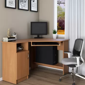 Birou de colt SU-13, cu suport glisant pentru tastatura, rafturi depozitare, usa, cires, 90x120x75 cm imagine