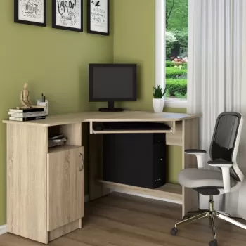 Birou de colt SU-13, cu suport glisant pentru tastatura, rafturi depozitare, usa, sonoma, 90x120x75 cm imagine