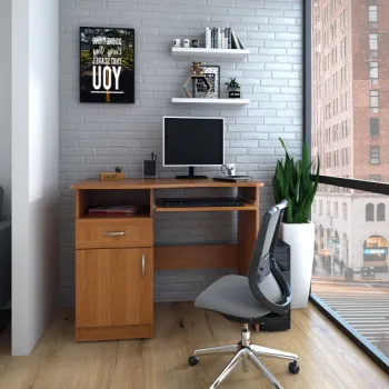 Birou ELIZE, suport glisant pentru tastatura, sertar, rafturi depozitare, doua usi, cires, 90x120x75 cm imagine