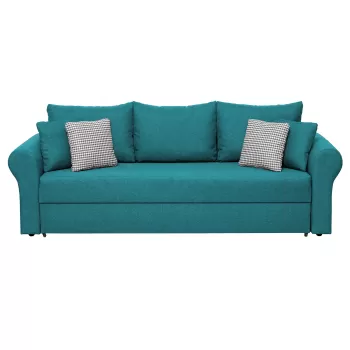 Canapea SARA II extensibila, 3 locuri, cu lada depozitare, turcoaz + print MZ mini bleu, 235x90x75 cm imagine