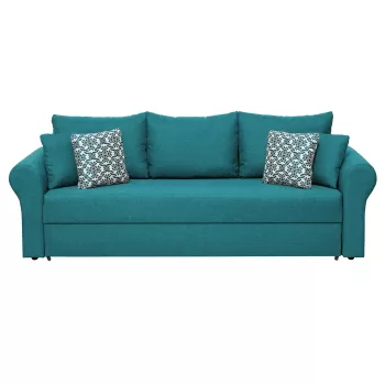 Canapea SARA II extensibila, 3 locuri, cu lada depozitare, turcoaz + print MZT bleu, 235x90x75 cm imagine