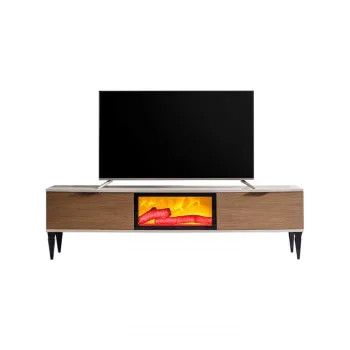 Comoda TV EMPOLI, cu semineu, bej + nuc, 180x36x50 cm imagine