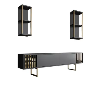 Comoda TV GOLD LINE, cu rafturi de perete, antracit + negru, 180x30x48 cm imagine