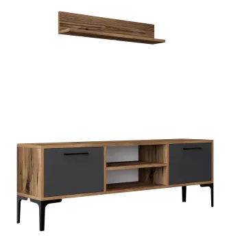Comoda TV RIGA, cu raft suspendat, nuc + antracit, 140x30x48 cm imagine