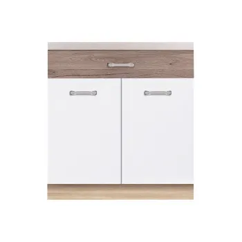 Corp inferior + front 80 ECO-6D, cu sertar si 2 usi, corp stejar sonoma, fronturi alb lucios + stejar sanremo, 80x51x82 cm imagine