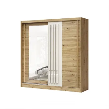 Dulap AVANTGARDE AV-6-200, usi glisante, 4 rafturi, bara de haine, oglinda, artisan + alb, 200x59x215 cm imagine