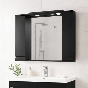 Dulap baie suspendat seria 786 cu oglinda, front MDF, montat, negru, 80x71 cm imagine