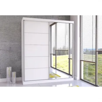 Dulap BELLA 03, usi glisante, oglinda, 6 rafturi, bara de haine, alb, 183x61x218 cm imagine