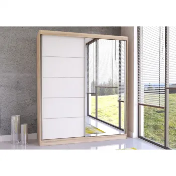 Dulap BELLA 03, usi glisante, oglinda, 6 rafturi, bara de haine, sonoma + alb, 183x61x218 cm imagine