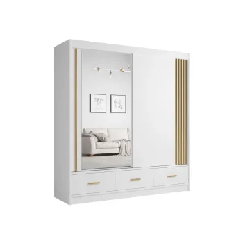Dulap CANADA CA25-20, usi glisante, 3 sertare, 5 rafturi, bara de haine, oglinda, alb + auriu, 200x60x215 cm imagine