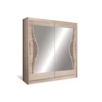 Dulap D06-20, usi glisante, 10 rafturi, bara de haine, oglinda, crem, 200x59x215 cm imagine