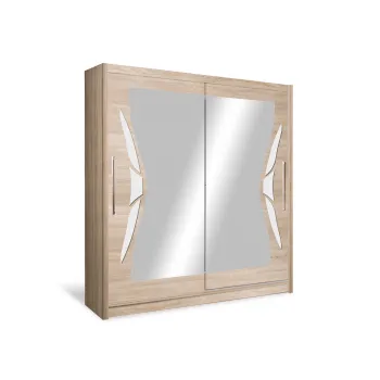 Dulap D08-15, usi glisante, 6 rafturi, bara de haine, oglinda, sonoma, 150x59x215 cm imagine