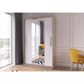 Dulap NEOMI 01, usi glisante, oglinda, 6 rafturi, bara de haine, corp sonoma, front alb, 120x61x200 cm imagine