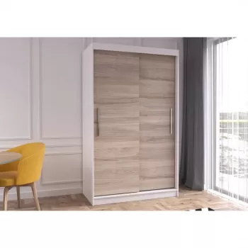 Dulap NEOMI 04, usi glisante, 6 rafturi, bara de haine, corp alb, front sonoma, 120x61x200 cm imagine