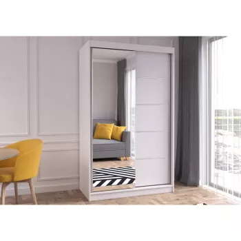 Dulap NEOMI 05, usi glisante, oglinda, 6 rafturi, bara de haine, alb, 120x61x200 cm imagine