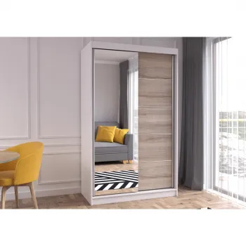 Dulap NEOMI 05, usi glisante, oglinda, 6 rafturi, bara de haine, corp alb, front sonoma, 120x61x200 cm imagine