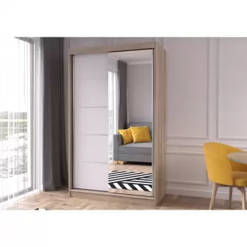 Dulap NEOMI 05, usi glisante, oglinda, 6 rafturi, bara de haine, corp sonoma, front alb, 120x61x200 cm imagine