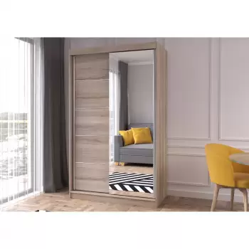 Dulap NEOMI 05, usi glisante, oglinda, 6 rafturi, bara de haine, sonoma, 120x61x200 cm imagine