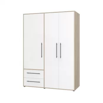 Dulap pentru haine MKSS833-Q36, 3 usi, rafturi, sertare, bara de haine, corp sonoma + fronturi alb, 144x58x200 cm imagine