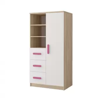 Dulap SMIK III - 05, 1 usa, 3 sertare, corp sonoma, front alb, roz, 80x40x160 cm imagine