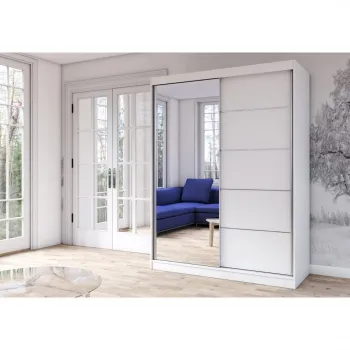 Dulap VISTA 05, usi glisante, oglinda, 6 rafturi, bara de haine, alb, 150x61x200 cm imagine