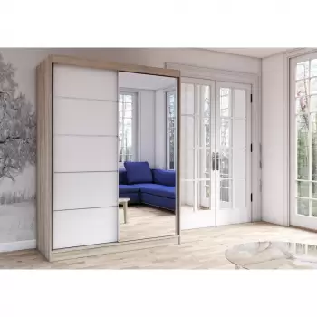 Dulap VISTA 05, usi glisante, oglinda, 6 rafturi, bara de haine, corp sonoma, front alb, 150x61x200 cm imagine