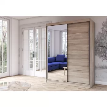 Dulap VISTA 05, usi glisante, oglinda, 6 rafturi, bara de haine, sonoma, 150x61x200 cm imagine