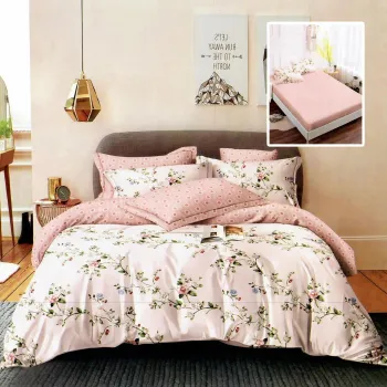 Lenjerie de pat finet 6 piese, cearceaf pat cu elastic, cearceaf pilota 200x230, 2 fete perna 50x70, 2 fete perna 70x70, Extra, Flori roz imagine