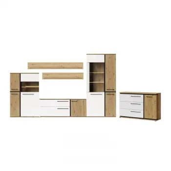 Living MOLTO Z.A, 5 corpuri si Comoda ML12, cu usa si 3 sertare, corp artisan, fronturi MDF artisan + alb, 466x53x201 cm imagine