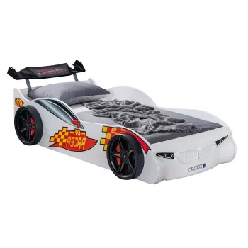 Pat pentru copii masina ECO RACE, alb, 90x190 cm imagine