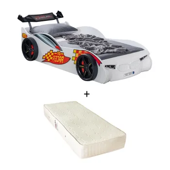 Pat pentru copii masina ECO RACE, alb + Saltea Superortopedica cu arcuri, 90x190 cm imagine