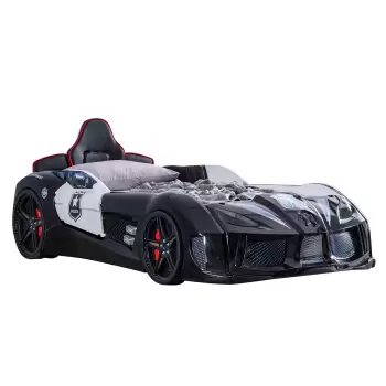 Pat pentru copii masina POLICE, cu sunet, telecomanda si lumini led, negru, 90x190 cm imagine