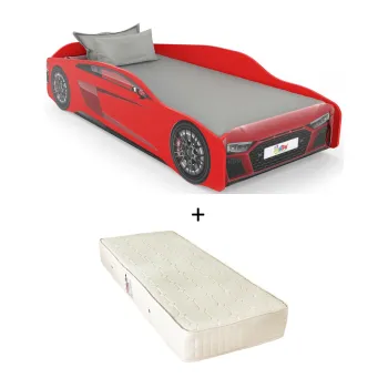 Pat pentru copii masina ULTRA ECO, rosu + Saltea Superortopedica cu arcuri, 90x190 cm imagine