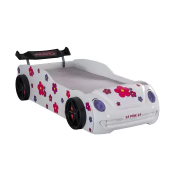 Pat pentru copii masina VOSVOS ECO, cu faruri, lumini led, alb, 90x190 cm imagine