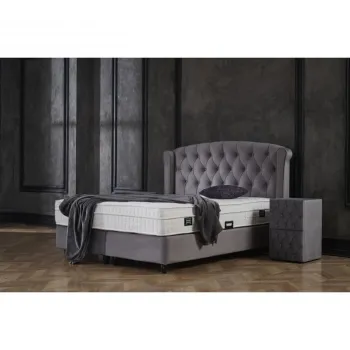 Pat tapitat ROSE 160x200 cm, cu saltea inclusa, somiera rabatabila si spatiu depozitare, stofa gri imagine