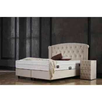 Pat tapitat ROSE 160x200 cm, cu saltea, somiera rabatabila si spatiu depozitare, stofa bej imagine