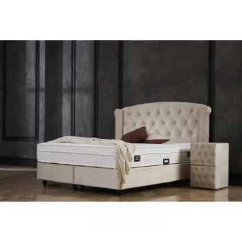 Pat tapitat ROSE 160x200 cm, cu saltea, somiera rabatabila si spatiu depozitare, stofa bej imagine