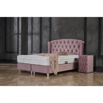 Pat tapitat ROSE 160x200 cm, cu saltea, somiera rabatabila si spatiu depozitare, stofa roz imagine