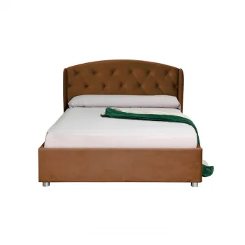 Pat tapitat ROUND, cu somiera rabatabila, spatiu depozitare, caramiziu, 140x200 cm imagine