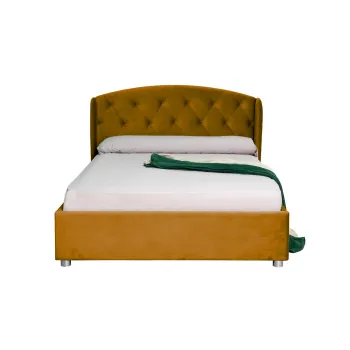 Pat tapitat ROUND, cu somiera rabatabila, spatiu depozitare, galben, 140x200 cm imagine