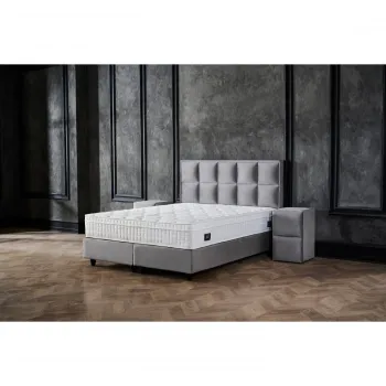 Pat tapitat SIESTA 180x200 cm, cu saltea inclusa, somiera rabatabila si spatiu depozitare, stofa gri imagine