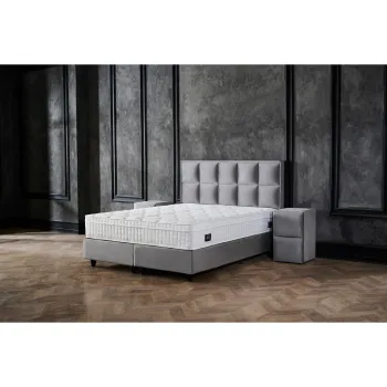 Pat tapitat SIESTA 180x200 cm, cu saltea inclusa, somiera rabatabila si spatiu depozitare, stofa gri imagine