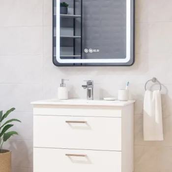 Set Baza cu Lavoar si Oglinda cu iluminare LED seria 067, suspendata cu sertare, 70 cm, alb imagine