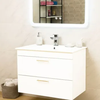 Set Baza cu Lavoar si Oglinda cu iluminare LED, seria 067, suspendata cu sertare, 80 cm, alb imagine