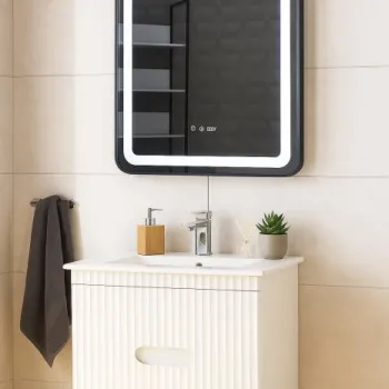 Set Baza front MDF cu Lavoar si Oglinda cu iluminare LED, seria 009, suspendata, cu sertare, 70 cm, alb imagine
