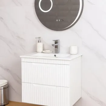 Set Baza front MDF cu Lavoar si Oglinda cu iluminare LED, seria 033, suspendata, cu sertare, montat, 60 cm, alb imagine