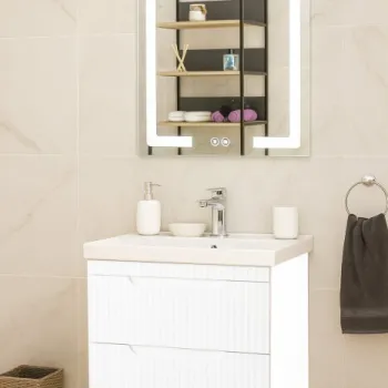 Set Baza front MDF cu Lavoar si Oglinda cu iluminare LED, seria 733, suspendata, cu sertare, montat, 60 cm, alb imagine