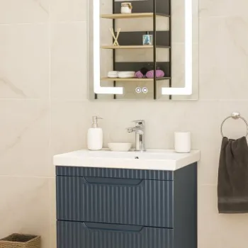 Set Baza front MDF cu Lavoar si Oglinda cu iluminare LED, seria 733, suspendata, cu sertare, montat, 60 cm, antracit imagine