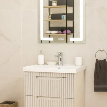 Set Baza front MDF cu Lavoar si Oglinda cu iluminare LED, seria 733, suspendata, cu sertare, montat, 60 cm, crem imagine